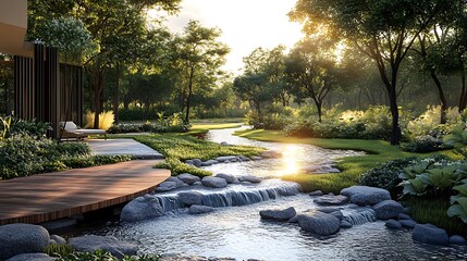 Meditation area by a gentle river with warm sunlight and green surroundings creating a calm space for relaxation