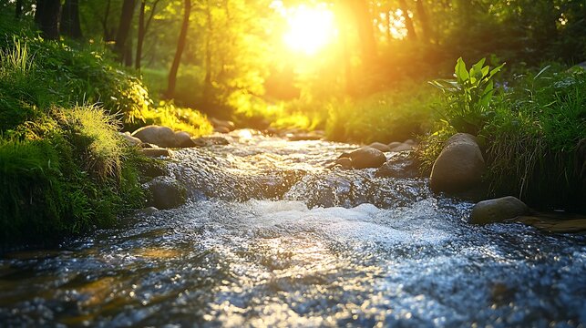 Meditation area by a gentle river with warm sunlight and green surroundings creating a calm space for relaxation
