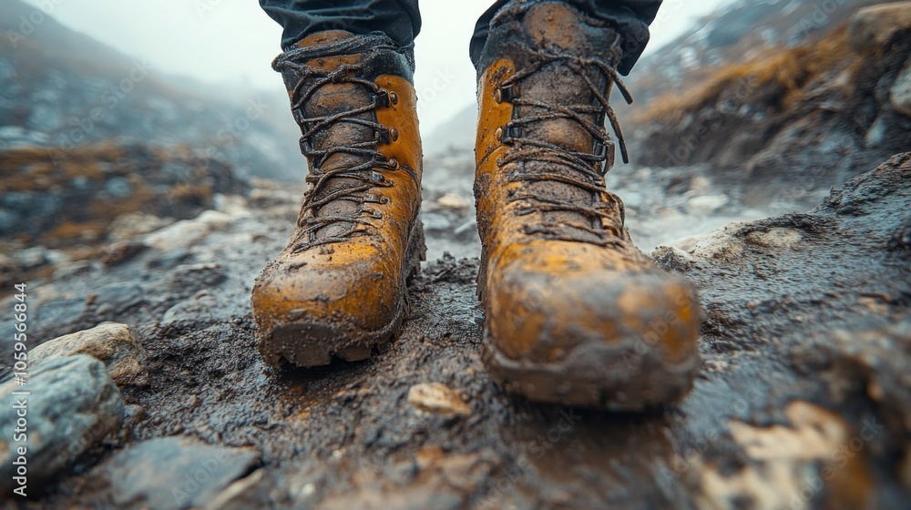 Aufkleber wet and muddy boots stand on a rugged mountain path, highlighting the challenges faced during an out