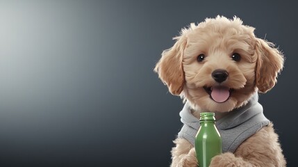 A playful brown Maltipoo exudes charm while wearing a cozy hoodie and clutching a green soft drink bottle, captured in vibrant studio lighting