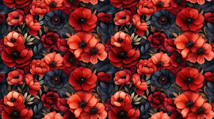 Fototapeta premium Vibrant seamless pattern featuring a watercolor bouquet of red flowers perfect for fabric design or home decor