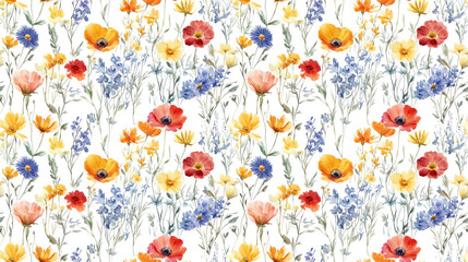 Watercolor seamless pattern featuring hand drawn wildflowers ideal for textiles and design applications