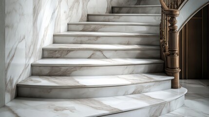 Elegant marble staircase with intricate wooden railing illuminated by soft light, perfect for interior design projects, architectural presentations, or home improvement publications,