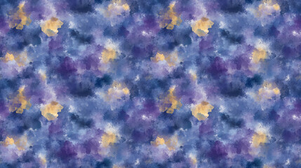 Fototapeta premium Vibrant seamless pattern featuring abstract smoky watercolor texture in shades of purple blue and yellow ideal for textile printing and packaging