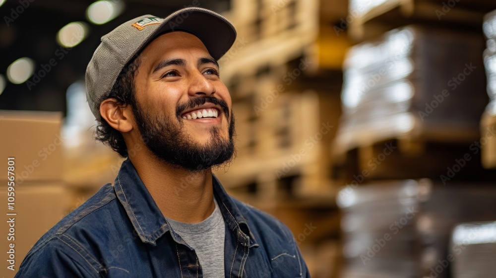 Poster warehouse worker in uniform looking to the side generative ai