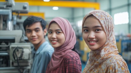 Fototapeta premium Indonesian Factory Workers Operating Automated Injection Molding Machines Generative AI