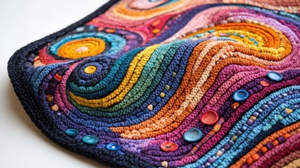 A vibrant, textured fabric featuring colorful spiral motifs and beaded details, ideal for showcasing craftsmanship in home decor, textiles, or art projects