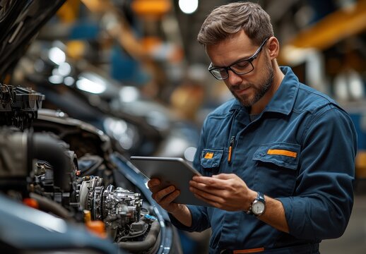 Auto mechanic using a tablet for vehicle diagnostics in workshop