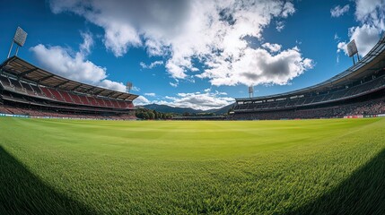 A panoramic view of a vibrant sports stadium under a clear blue sky.
