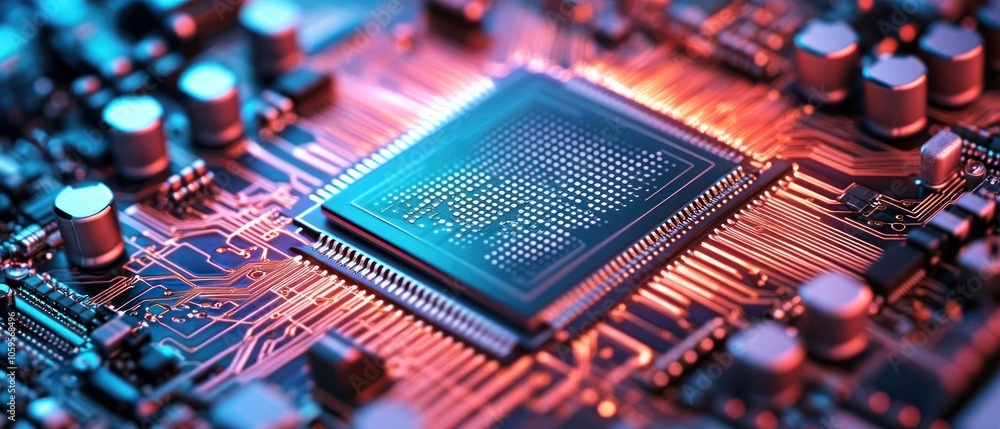 Poster a close-up view of a microchip on a circuit board, showcasing intricate electronic design.