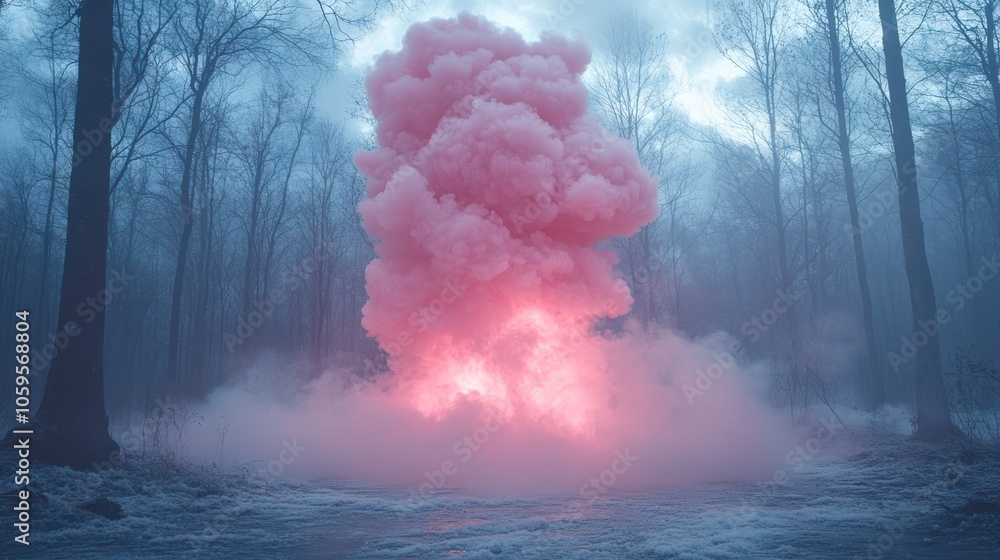 Poster a pink smoke bomb explodes in a foggy forest, creating a surreal and ethereal atmosphere.