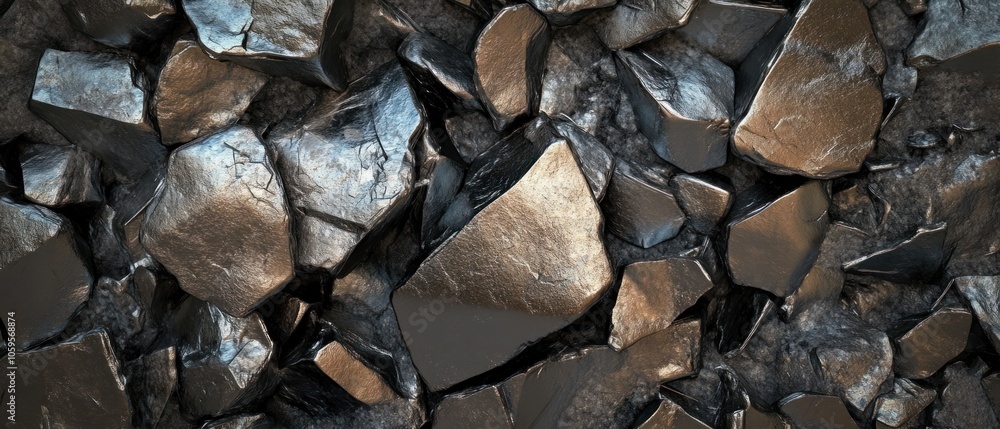 Poster a close-up view of dark, metallic rocks with sharp edges and reflective surfaces.
