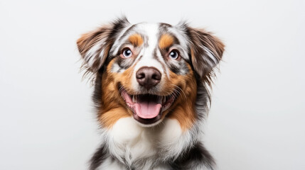 Fototapeta premium Close-up portrait of a happy Australian Shepherd dog with a tricolor coat against a plain white background.