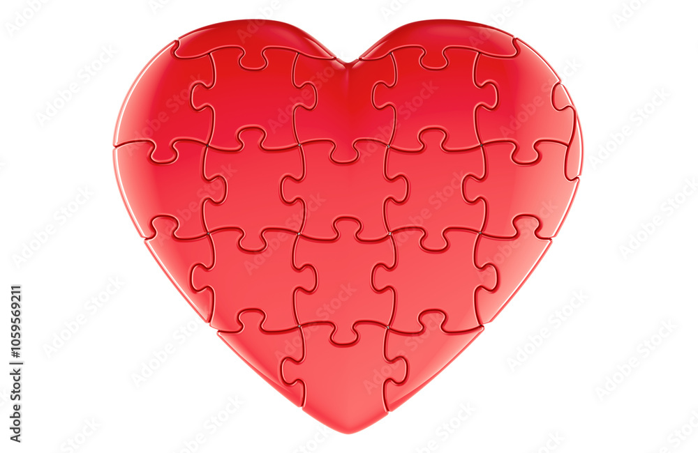 Poster heart from red puzzles, 3d rendering isolated on transparent background