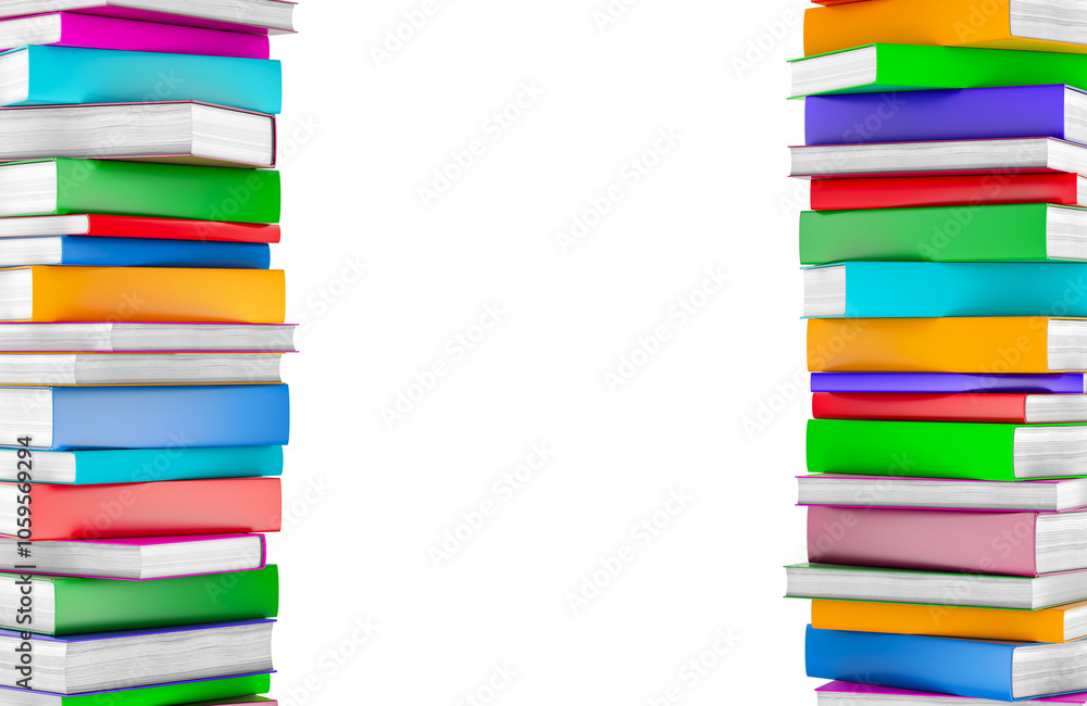 Poster two stacks of books on the sides, 3d rendering isolated on transparent background