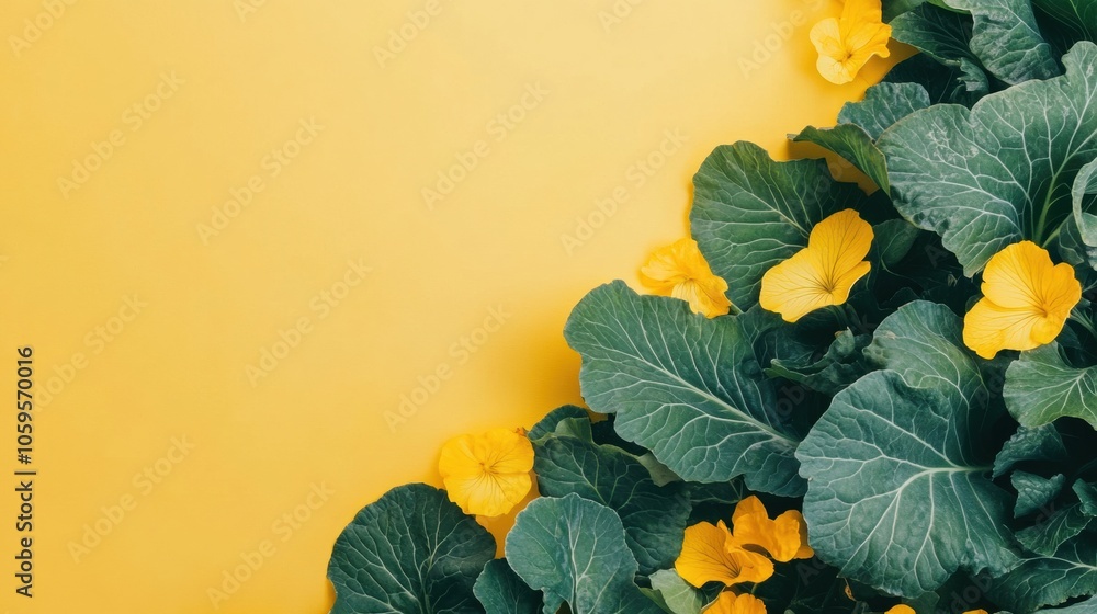 Poster bright yellow flowers emerge from lush green foliage, creating a cheerful display in a garden during