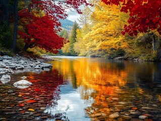 Obraz premium A clear river flanked by red and yellow trees reflected