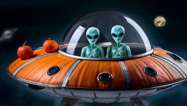 Artificial intelligence images created according to the Halloween concept. Aliens and their flying objects. Pumpkin like an UFO. 