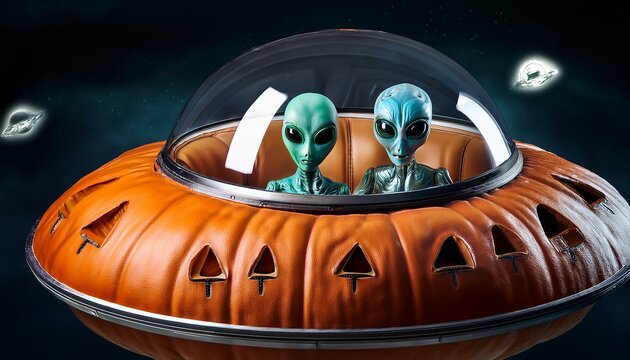 Artificial intelligence images created according to the Halloween concept. Aliens and their flying objects. Pumpkin like an UFO. 