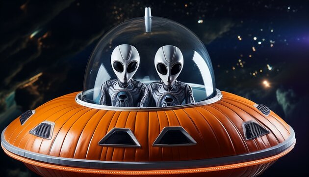 Artificial intelligence images created according to the Halloween concept. Aliens and their flying objects. Pumpkin like an UFO. 