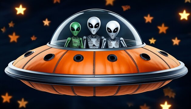 Artificial intelligence images created according to the Halloween concept. Aliens and their flying objects. Pumpkin like an UFO. 