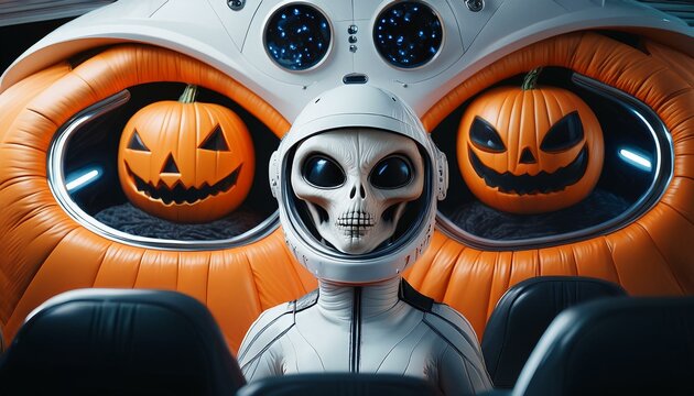 Artificial intelligence images created according to the Halloween concept. Aliens and their flying objects. Pumpkin like an UFO. 
