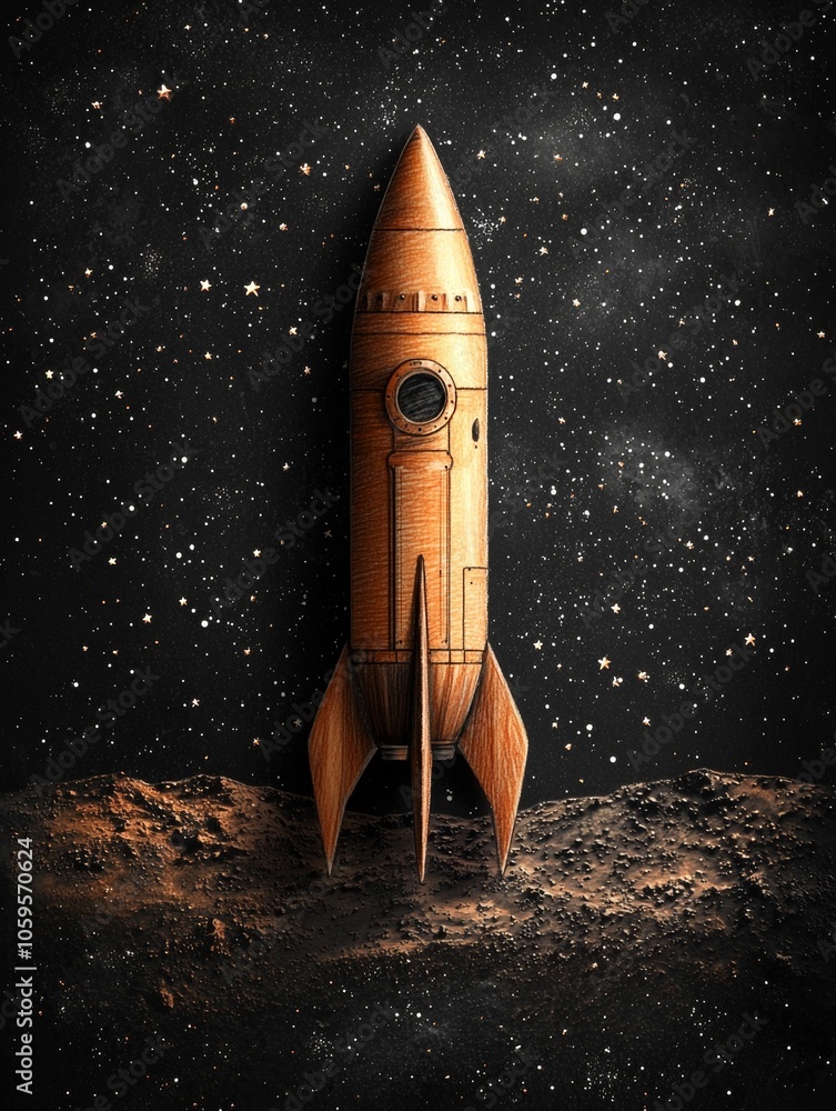 Poster pencil sketch of rocket ship on mars surface, space exploration concept generative ai
