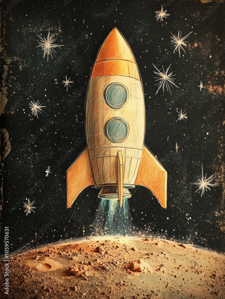 Poster pencil sketch of rocket ship on mars surface, space exploration concept generative ai