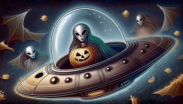 Artificial intelligence images created according to the Halloween concept. Aliens and their flying objects. Pumpkin like an UFO. 