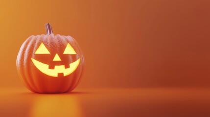 Carved Pumpkin with Glowing Face on Dark Orange Background, Halloween Decoration Generative AI