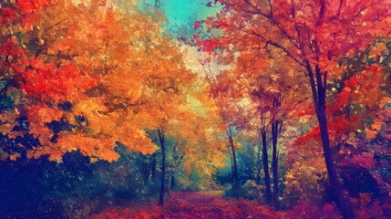 A colorful abstract artwork that captures the mood of a colorful autumn forest