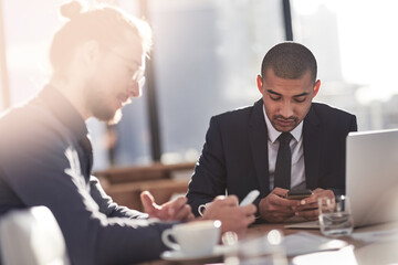 Business, men and typing with phone in office for meeting schedule, communication and review...