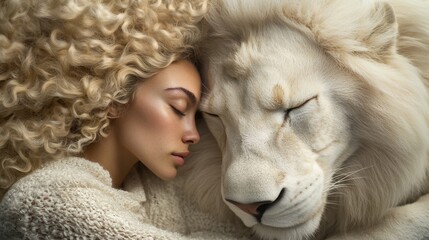 A Hyperrealistic Photo of a Beautiful Woman Sleeping Next to Her Pet Lion, Perfect for Concepts of Unlikely Friendship and Exotic Pets Generative AI