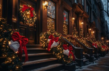 Naklejka premium Charming New York Brownstones Decorated with Christmas Lights at Night
