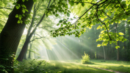 Obraz premium Sunlight shining through leaves in a lush green forest with a peaceful atmosphere