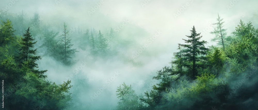 Poster a misty forest landscape with tall trees and fog creating a serene atmosphere.