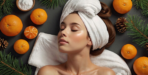 Portrait of a girl in a spa treatment with a towel on her head and oranges and fir branches spread around