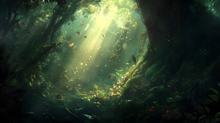 Obraz premium Exploring the Ineffable Essence of a Thriving Forest Filled with Ancient Trees