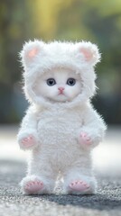 Cute Kitten in Bear Costume Standing Upright, Big Blue Eyes, Pink Nose, Visible Paw Pads, Soft Fur Texture, Perfect for Pet or Halloween Theme Generative AI
