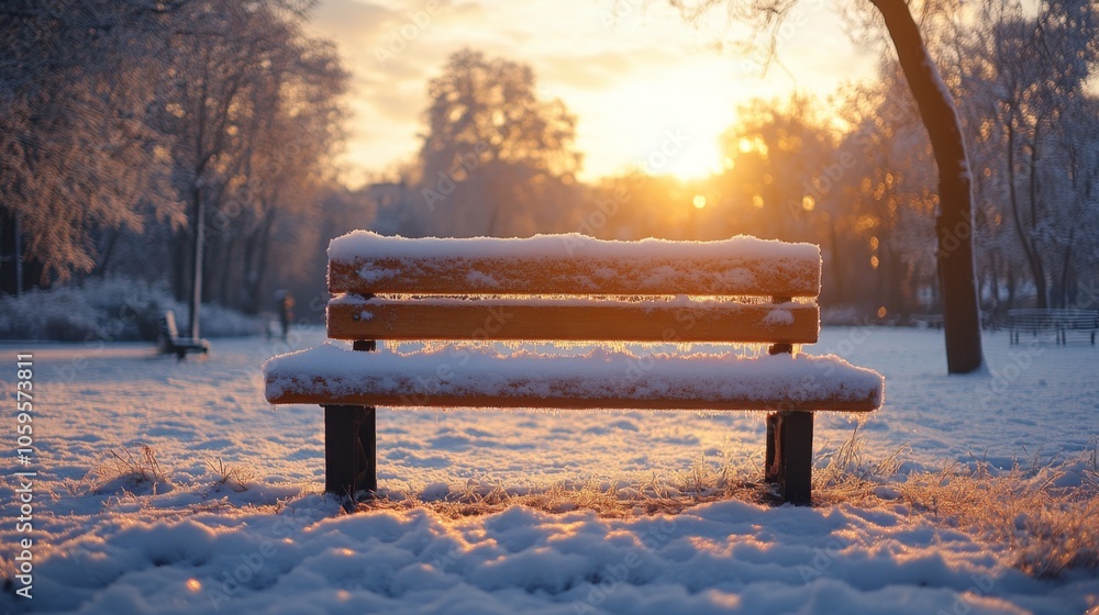 Poster A park bench blanketed in snow sits quietly in a winter landscape. The sun rises, casting a warm glow over the frosted trees and sparkling snow, creating a peaceful atmosphere.