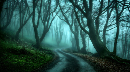 Obraz premium Secrets of the Enigmatic Forest: A Journey Through the Haunting Mist and Shadows of Terror