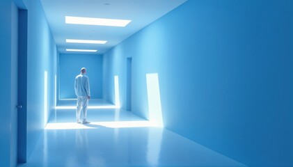 Fototapeta premium Lonely man in a Minimalist Blue Room with Light from Above