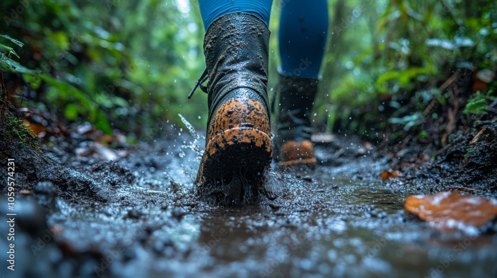 Poster a person strides through a muddy path surrounded by vibrant greenery, creating splashes as rainwater