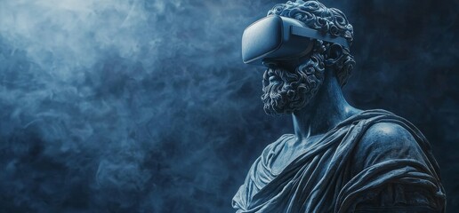 Obraz premium Ancient Greek Philosopher with Virtual Reality Headset, Conceptual Image for Technology and History Generative AI