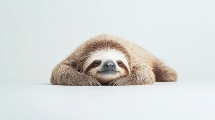Fototapeta premium Sloth Laying Down on Its Side on a White Surface, Animal Portrait for Wildlife and Conservation Concepts Generative AI