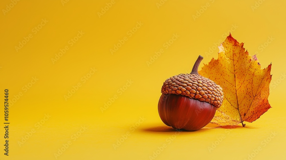 Poster autumn acorn on yellow background for text or inscriptions generative ai