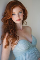 Naklejka premium Beautiful Young Pregnant Woman with Angelic Face and Long Red Hair Generative AI