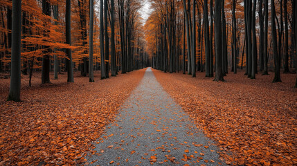 Autumn forest landscape with a straight pathway covered in orange fallen leaves and surrounded by tall trees with orange foliage.