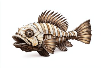 Artistic representation of a fish sculpture with intricate details, isolated on a white background.