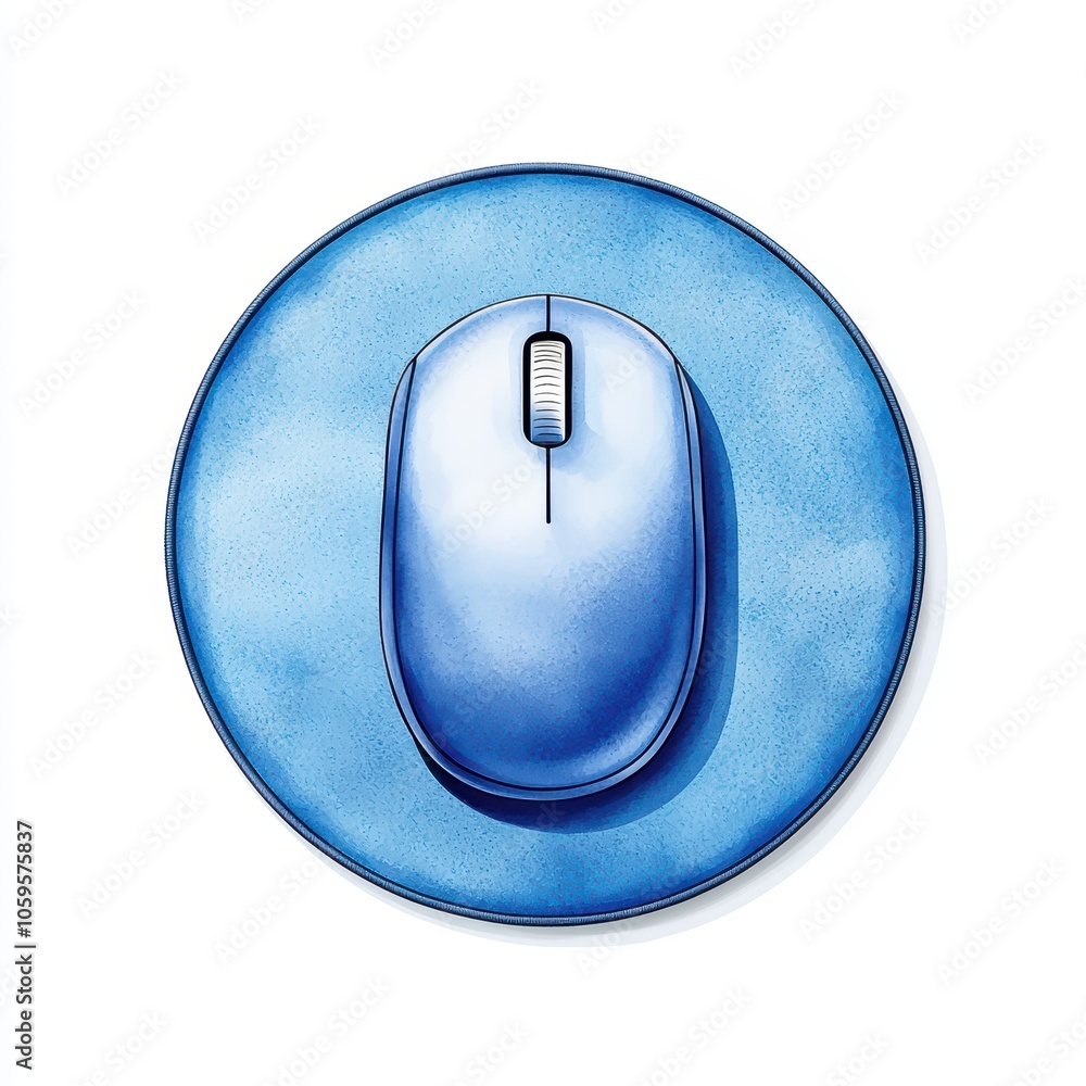 Poster blue computer mouse on a circular pad, white isolate background